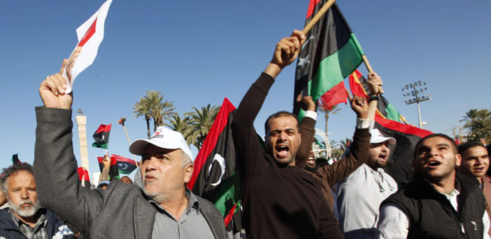 Protesters demonstrate at Martyrsu2019 Square in Tripoli yesterday.