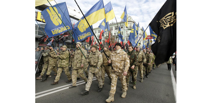 Supporters of nationalists parties during a rally in Kiev yesterday.