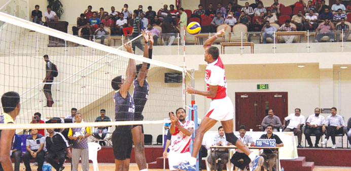 An action-packed moment from a match at the 4th VoliQ Cup volleyball tournament being played at the Al Rayyan Stadium