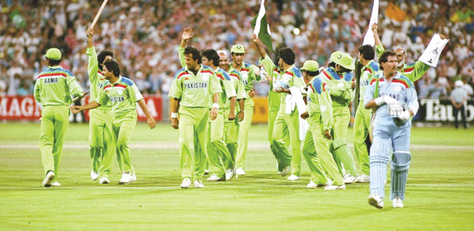 Pakistan players celebrate their World Cup triumph in 1992