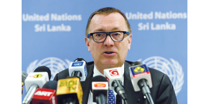 Jeffrey Feltman addressing a press conference in Colombo yesterday. 