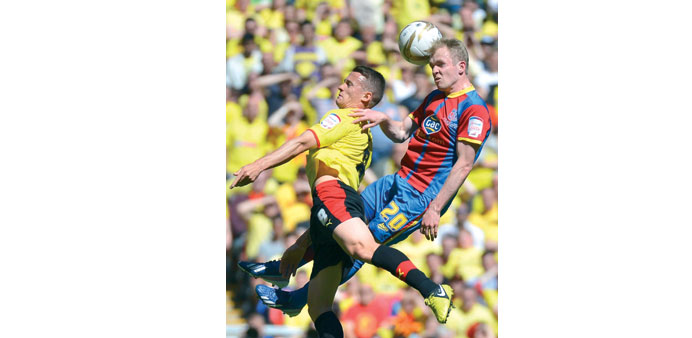 Crystal Palaceu2019s Jonathan Williams (R) challenges Watfordu2019s Jonathan Hogg during their Championship play-off final soccer match at Wembley Stadium in 