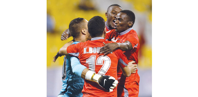 Lekhwiya players celebrate their victory over Al Sailiya yesterday.