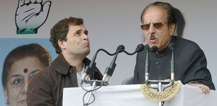 Congress vice president Rahul Gandhi stands alongside the partyu2019s Jammu and Kashmir co-ordination committee president Saifuddin Soz as he addresses su