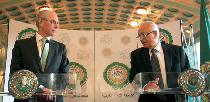 Arab League Secretary General Nabil al-Arabi speaks with European Council President Herman Van Rompuy during a joint press conference in Cairo yesterd