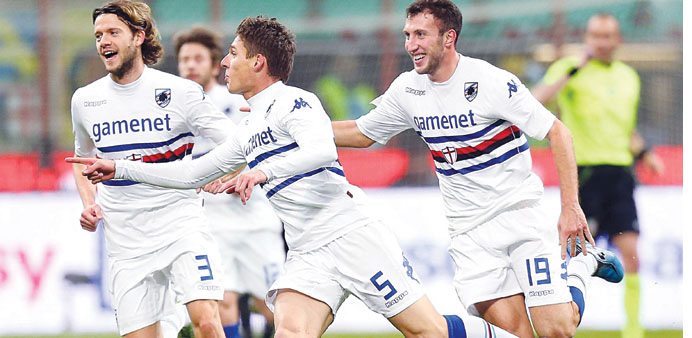 Sampdoriau2019s Renan (right) celebrates after scoring the equaliser against Inter Milan during their Serie A match yesterday. (EPA)
