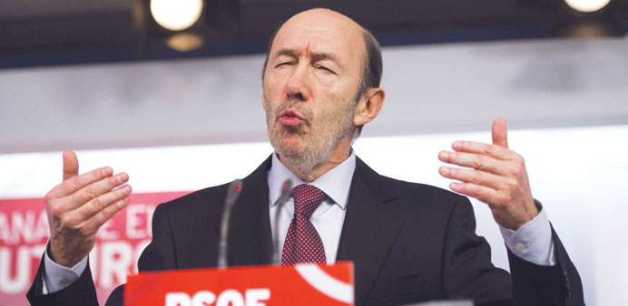  Spainu2019s opposition Socialist party leader Alfredo Perez Rubalcaba speaking in Madrid yesterday.