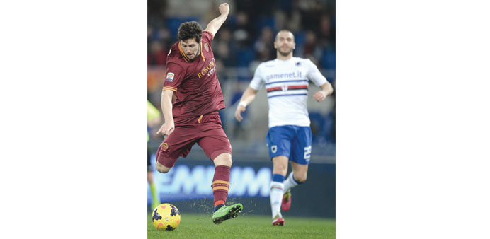 AS Roma forward Mattia Destro scores the first of his two goals against Sampdoria during their Italian Serie A clash in Romeu2019s olympic stadium on Sund