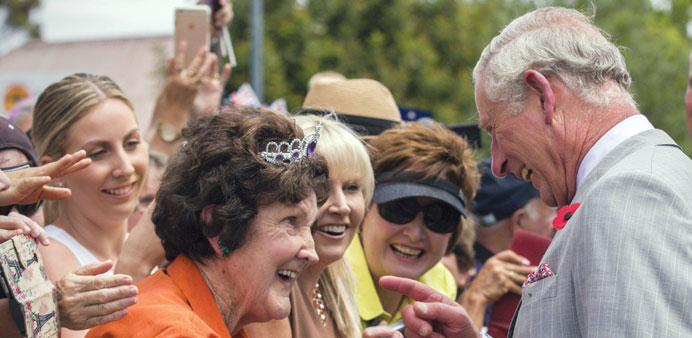 Prince Charles shares a light moment with locals in the Barossa Valley area near Adelaide.