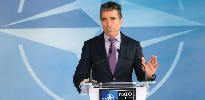 Nato Secretary General Anders Fogh Rasmussen gives a press briefing at the start of a Nato Defence Ministers council at the allianceu2019s headquarters in