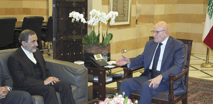 Lebanonu2019s Prime Minister Tammam Salam meets Ali Akbar Velayati, a top adviser to Iranu2019s Supreme Leader Ayatollah Ali Khamenei, at the government palac