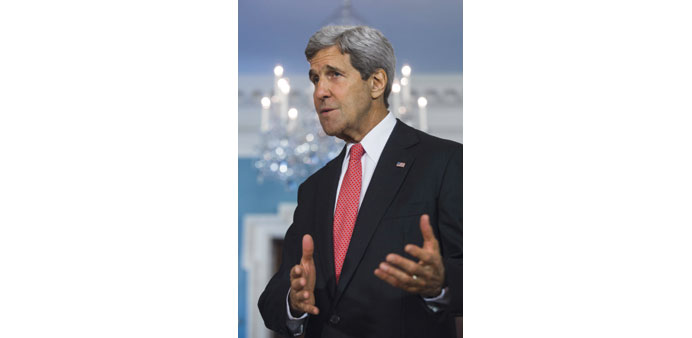US Secretary of State John Kerry speaking during a media briefing at the US embassy in London yesterday.