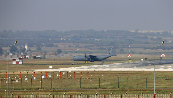 A military aircraft maneuvres on the runway at Incirlik Air Base, southeastern Turkey. AFP