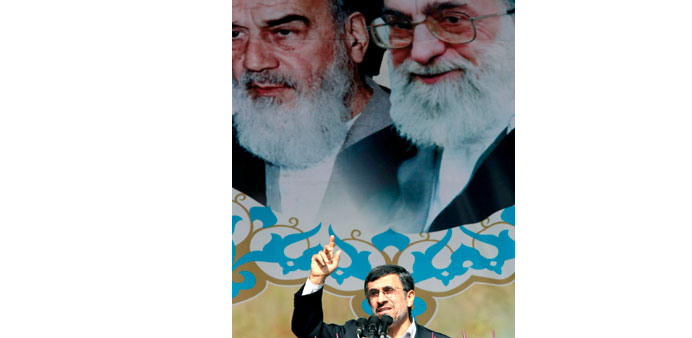 Ahmadinejad speaks at Azadi Square in Tehran yesterday. 