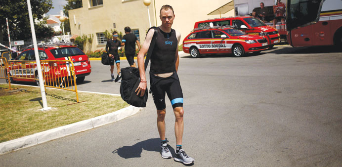 Team Sky rider Chris Froome of Britain arrives at his hotel after a team training session on the eve of Vuelta a Espana cycling race, in Malaga, Spain
