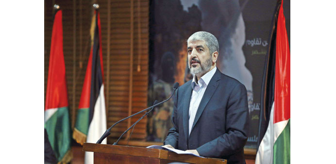 Hamas leader Khalid Mishal addressing a news conference in Doha yesterday.