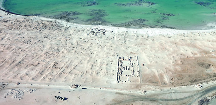 An aerial view of a section of the archaeological remains of Al Zubarah settlement.