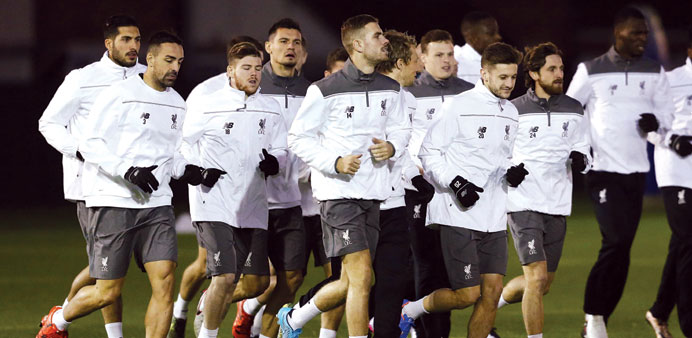Liverpoolu2019s players during a training session. (Reuters)