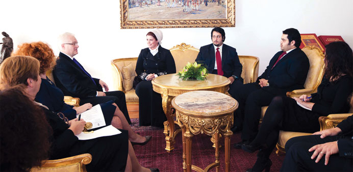 Croatian President Ivo Josipovic holding talks with Sheikha Mozah bint Nasser al-Thani, ambassador of Qatar to Croatia in Zagreb.