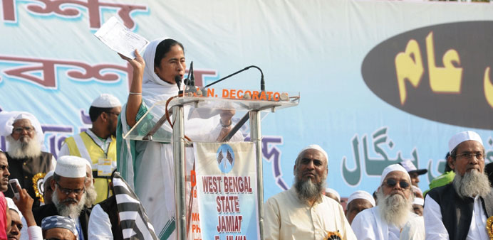 West Bengal Chief Minister Mamata Banerjee speaks at a programme organised by Jamiat Ulama in Kolkata yesterday.