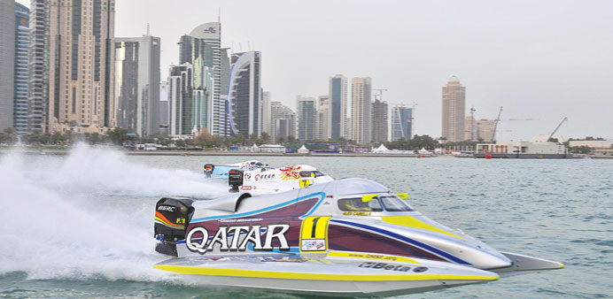 Alex Carella in action in the qualifying round of the UIM F1 H20 World Championship on Doha Bay yesterday.