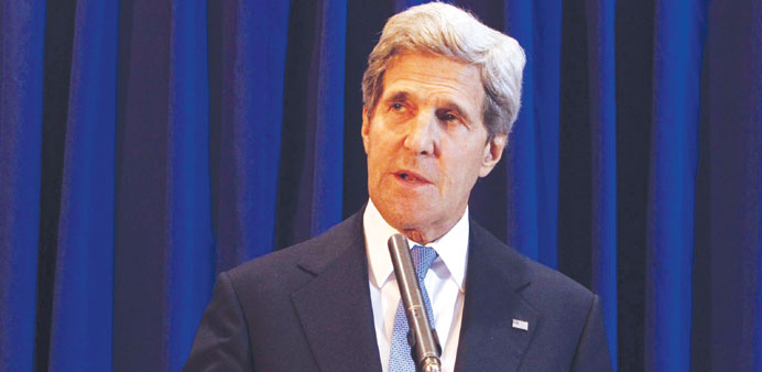 US Secretary of State John Kerry speaking during a press briefing at Queen Alia International Airport in Amman yesterday.