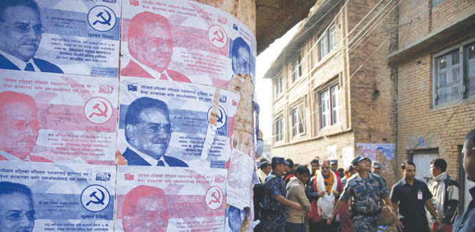 Posters of Unified Communist Party of Nepal (Maoist) are pictured during the election campaign of their party chairman Pushpa Kamal Dahal Prachanda at