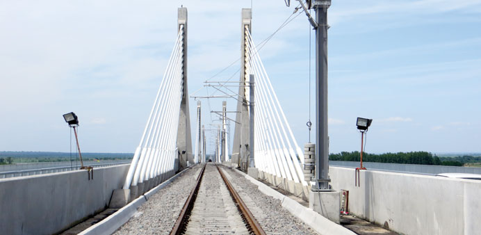 * The railway track at the centre of Danube Bridge 2.