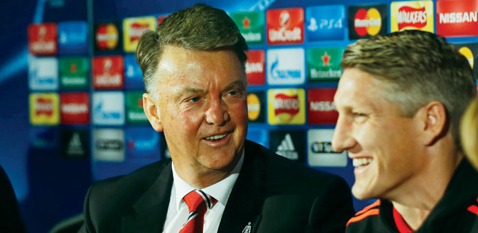  Manchester Unitedu2019s Bastian Schweinsteiger and manager Louis van Gaal during the press conference.
