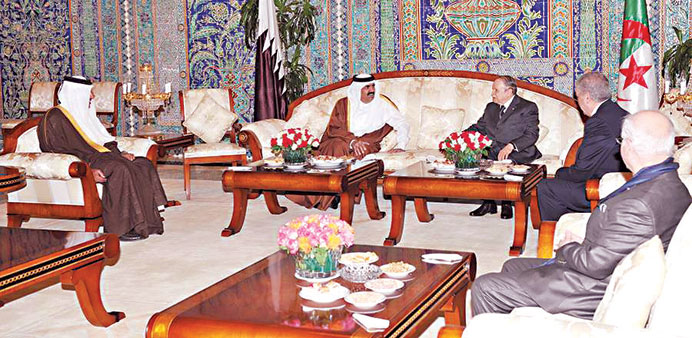 HH the Emir Sheikh Hamad bin Khalifa al-Thani and Algerian President Abdelaziz Bouteflika holding talks at the Presidential Palace in Algiers yesterda