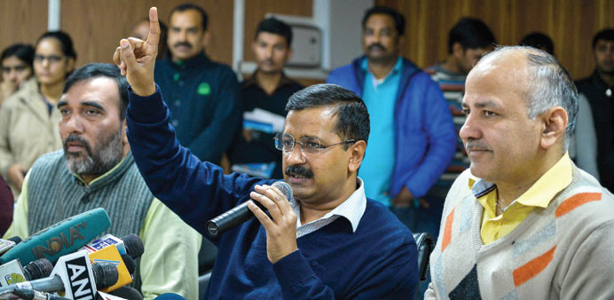 Delhi Chief Minister Arvind Kejriwal gestures as he addresses the media in New Delhi yesterday.