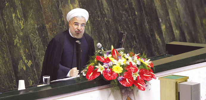 Rohani addresses parliament in Tehran yesterday.