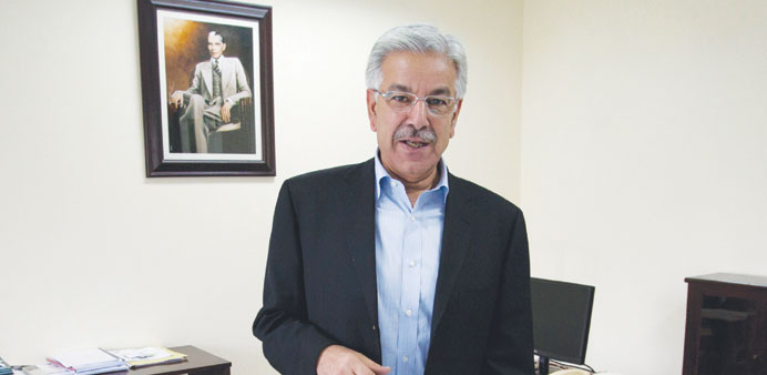 Pakistanu2019s Water and Power Minister Khawaja Asif stands up after an interview with Reuters at his office in Islamabad yesterday.