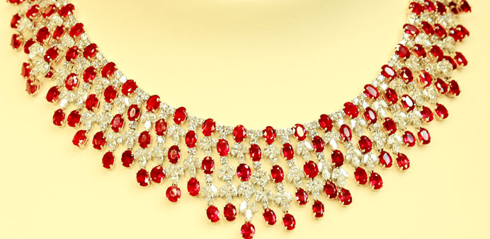 A diamond bracelet, which is a combination of the Pigeon Blood  Myanmar ruby and natural pearl stones, at Saboou2019s in the Alfardan pavilion.