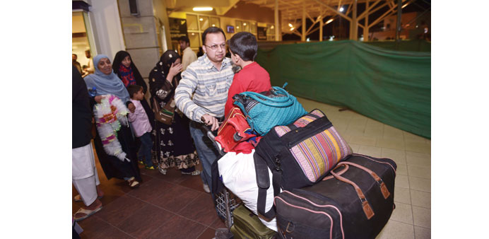 Pakistani citizens evacuated from Yemen leaving the Benazir International Airport in Islamabad yesterday. 