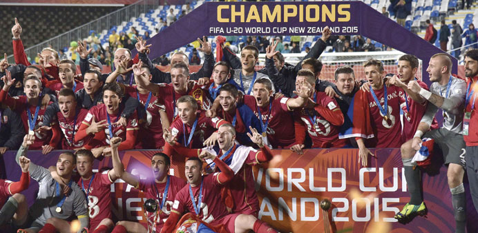 Serbia players celebrate after winning the FIFA Under-20 World Cup at North Harbour Stadium in Auckland yesterday. (AFP)