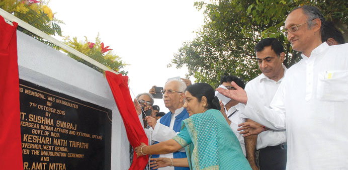 External Affairs Minister Sushma Swaraj unveils the memorial in Kolkata yesterday.