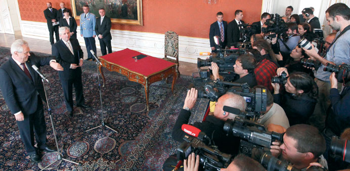 Czech President Zeman (left) and newly appointed Prime Miinster Rusnok attend a news conference at Prague Castle. Rusnok will replace Petr Necas who r