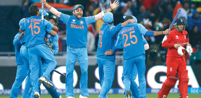 Indian players celebrate their win over England in the ICC Champions Trophy final in Edgbaston yesterday. (Reuters)