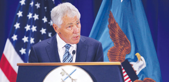 Secretary of Defence Chuck Hagel speaking on fiscal defence spending at Ft McNair in Washington yesterday.