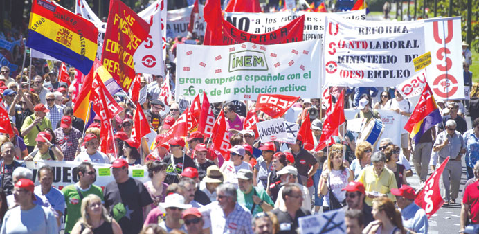 People taking part in a demonstration in Madrid against the governmentu2019s austerity policies.