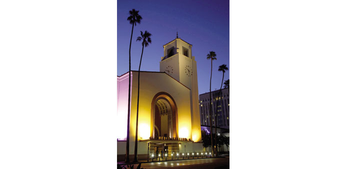 Union Station glows in the pre-dawn light in Los Angeles.