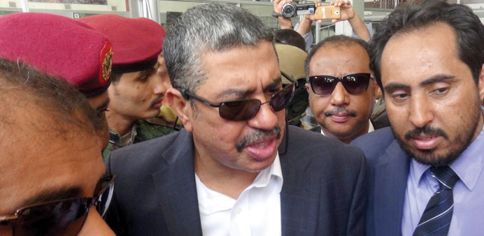 Bahah talks to reporters upon his arrival at Aden airport yesterday.