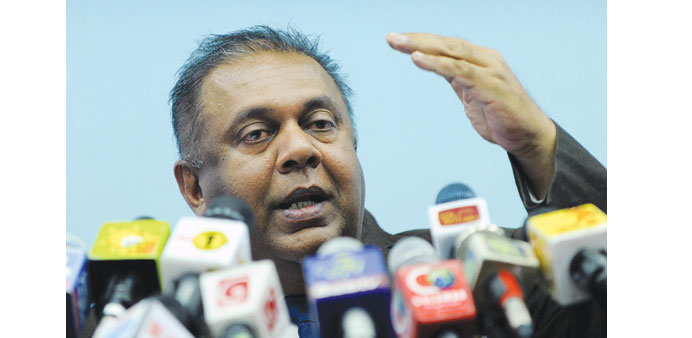Mangala Samaraweera speaking during a press conference in Colombo yesterday. 
