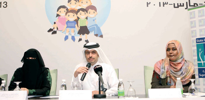 Dr Mohamed al-Thani flanked  by Dr Alanoud al-Thani (left) and Bagadi, makes a point yesterday.