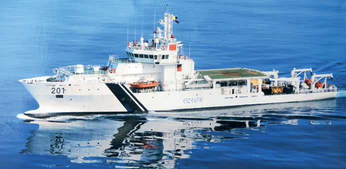 The Indian Coast Guardu2019s anti-marine pollution vessel, Samudra Prahari. The state-of-the-art ship will remain berthed at the Doha Port until tomorrow.